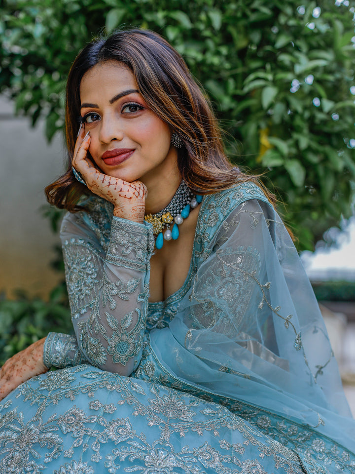 Enchanting Aqua Blue Embroidered Net Bridesmaid Lehenga Choli