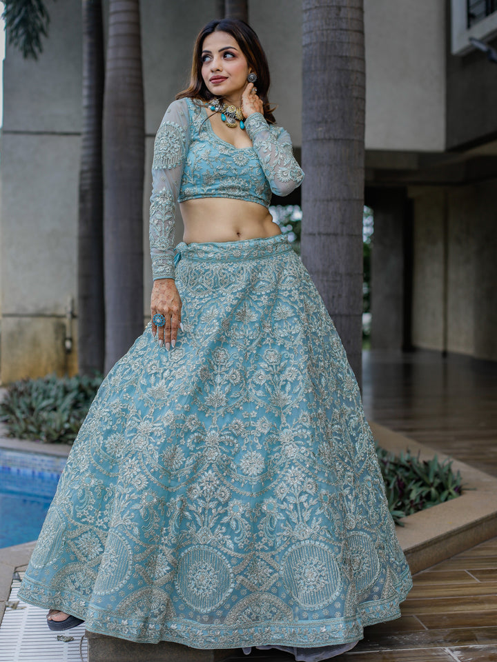 Enchanting Aqua Blue Embroidered Net Bridesmaid Lehenga Choli