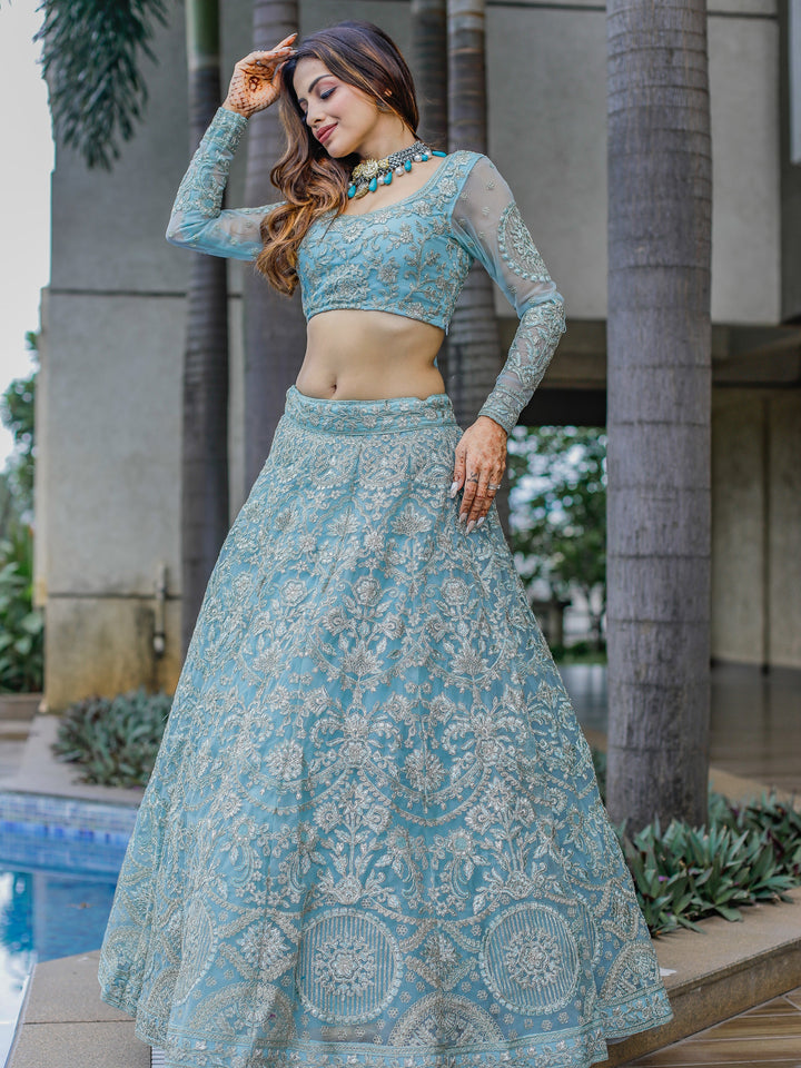 Enchanting Aqua Blue Embroidered Net Bridesmaid Lehenga Choli