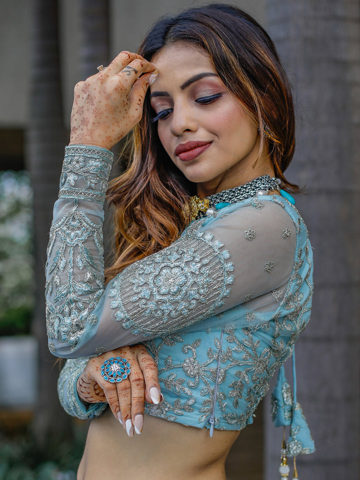 Enchanting Aqua Blue Embroidered Net Bridesmaid Lehenga Choli