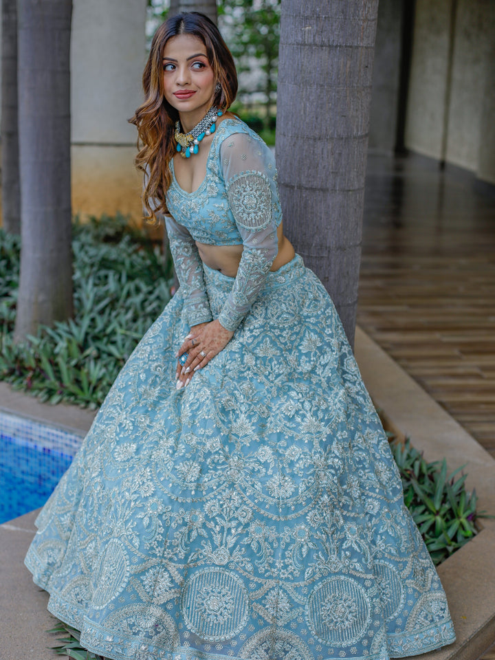 Enchanting Aqua Blue Embroidered Net Bridesmaid Lehenga Choli