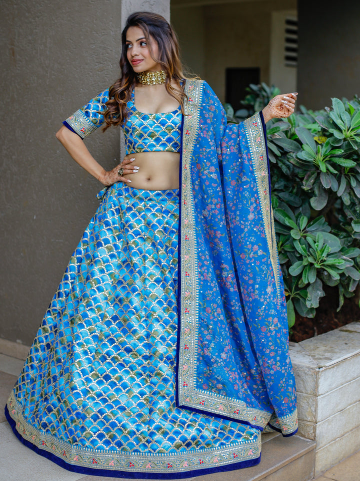 Incredible Blue Sequins Work Art Silk Sangeet Wear Lehenga Choli