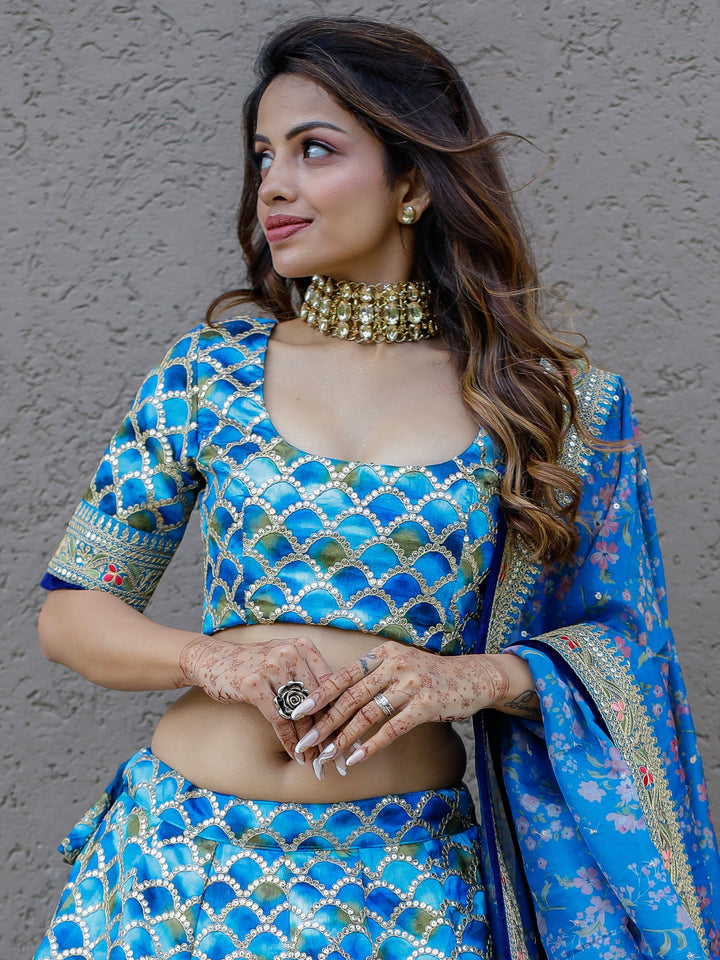 Incredible Blue Sequins Work Art Silk Sangeet Wear Lehenga Choli