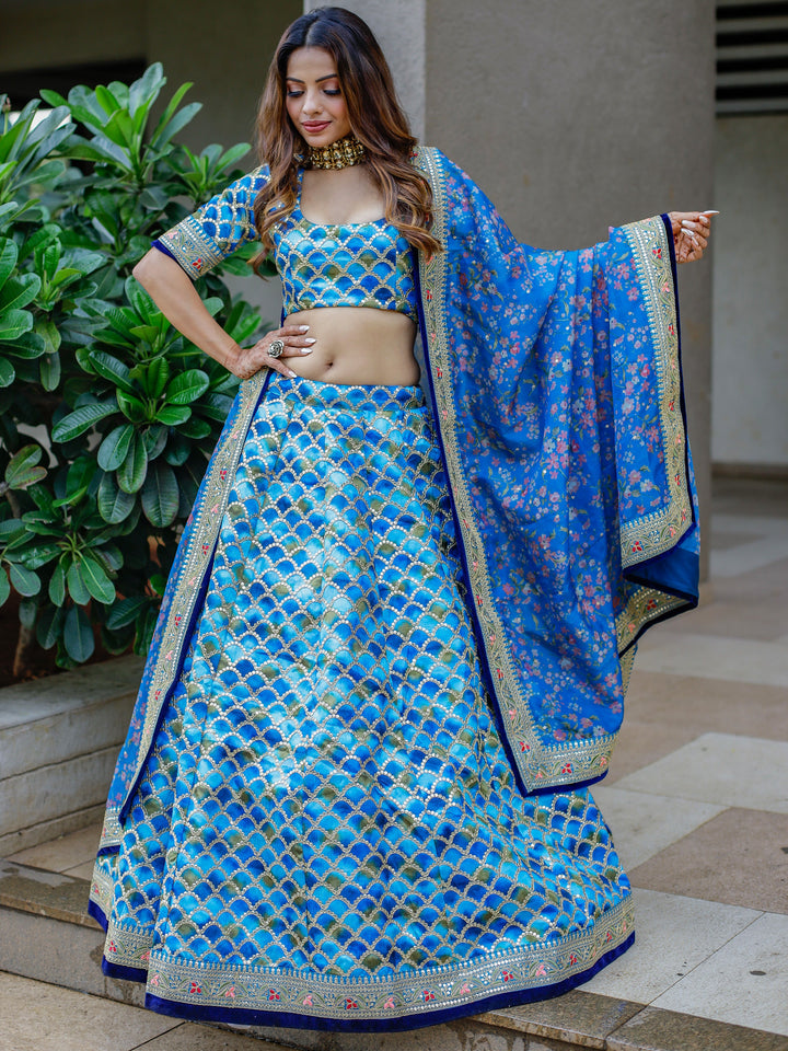 Incredible Blue Sequins Work Art Silk Sangeet Wear Lehenga Choli