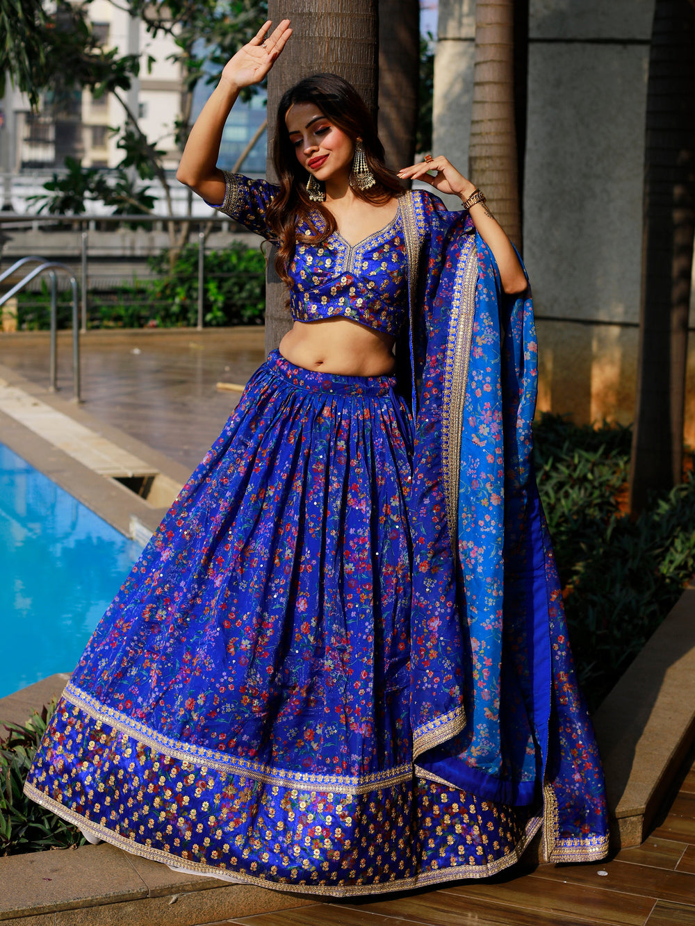 Adorable Royal Blue Floral Printed Organza Lehenga Choli With Dupatta
