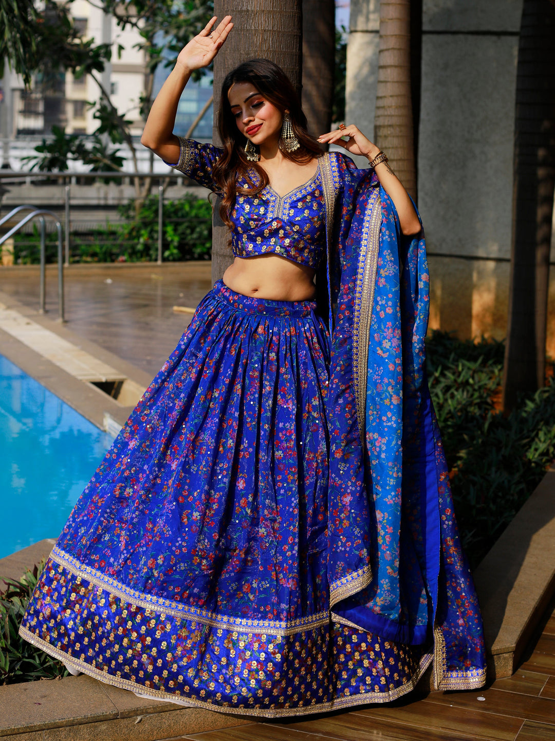 Adorable Royal Blue Floral Printed Organza Lehenga Choli With Dupatta