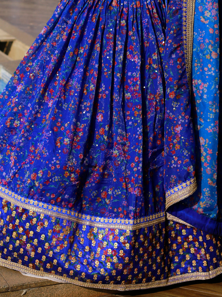Adorable Royal Blue Floral Printed Organza Lehenga Choli With Dupatta