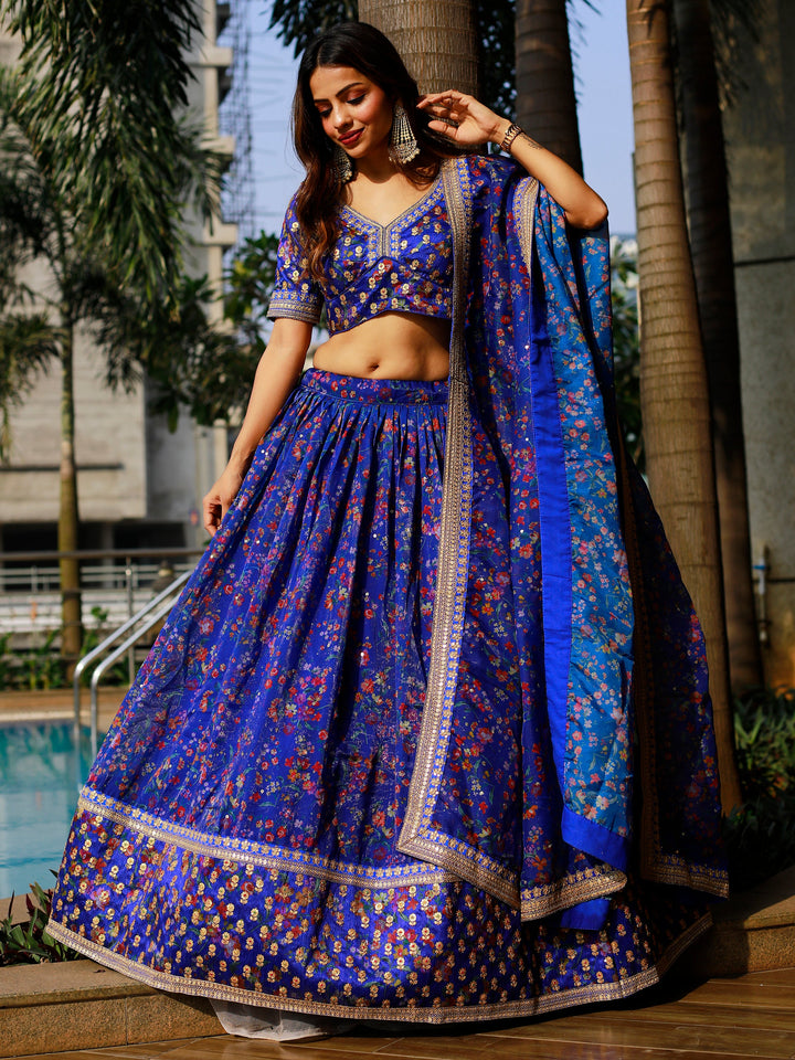 Adorable Royal Blue Floral Printed Organza Lehenga Choli With Dupatta
