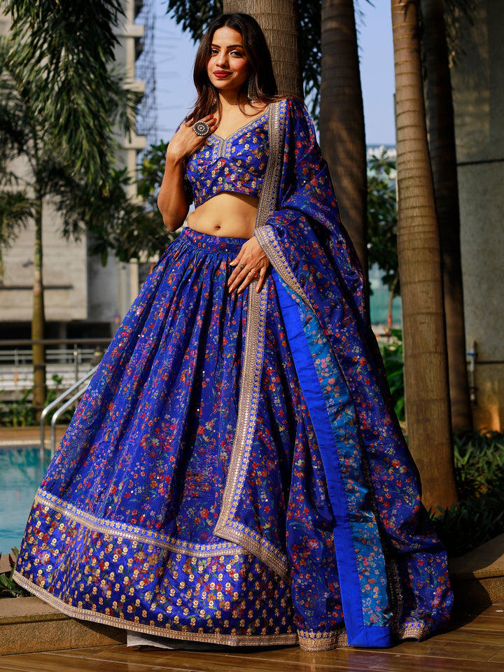Adorable Royal Blue Floral Printed Organza Lehenga Choli With Dupatta