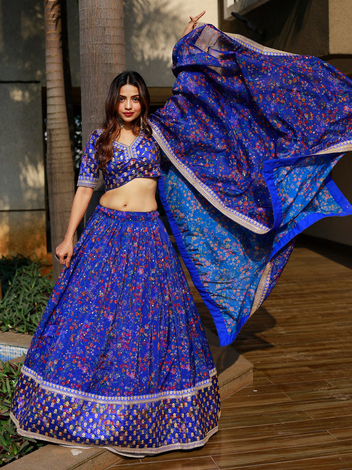Adorable Royal Blue Floral Printed Organza Lehenga Choli With Dupatta