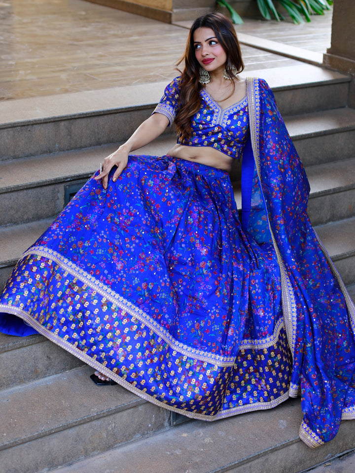 Adorable Royal Blue Floral Printed Organza Lehenga Choli With Dupatta