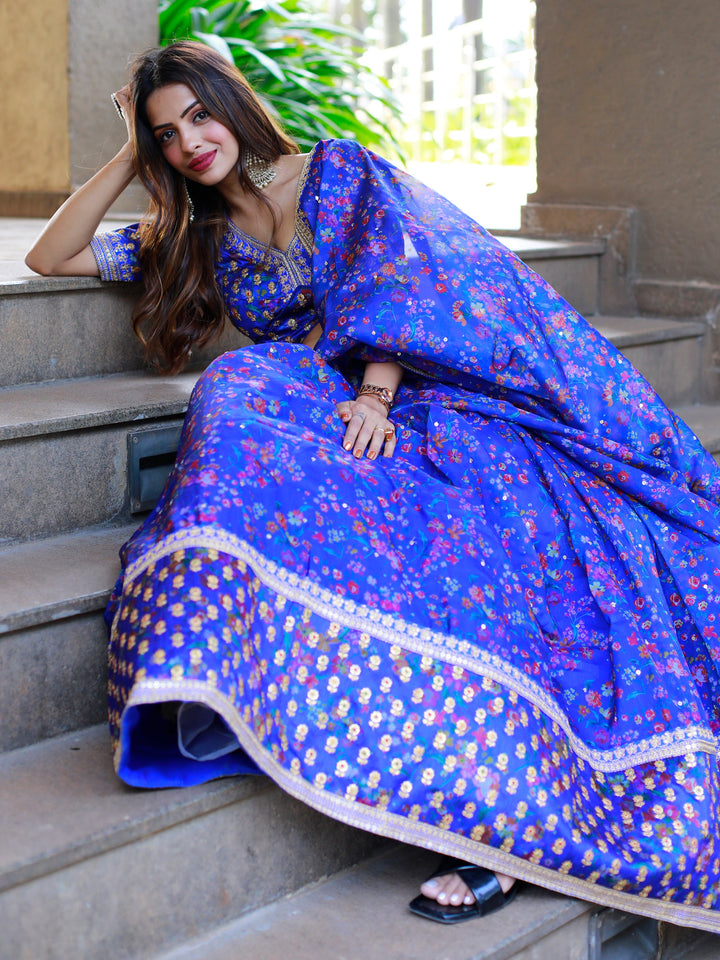 Adorable Royal Blue Floral Printed Organza Lehenga Choli With Dupatta