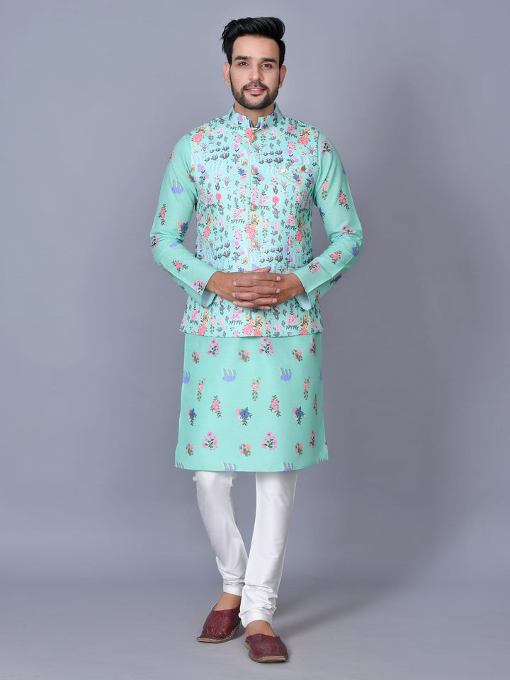 Floral Teal Jacket Kurta Set | Festive Silk Blend Churidar Outfit