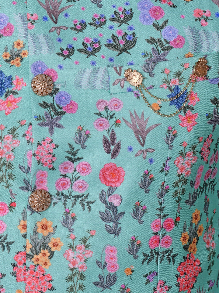 Floral Teal Jacket Kurta Set | Festive Silk Blend Churidar Outfit