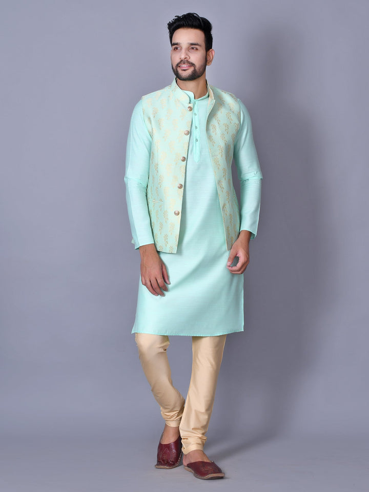 Floral Jacket Kurta Set | Sea Green Churidar with Knee Length Design