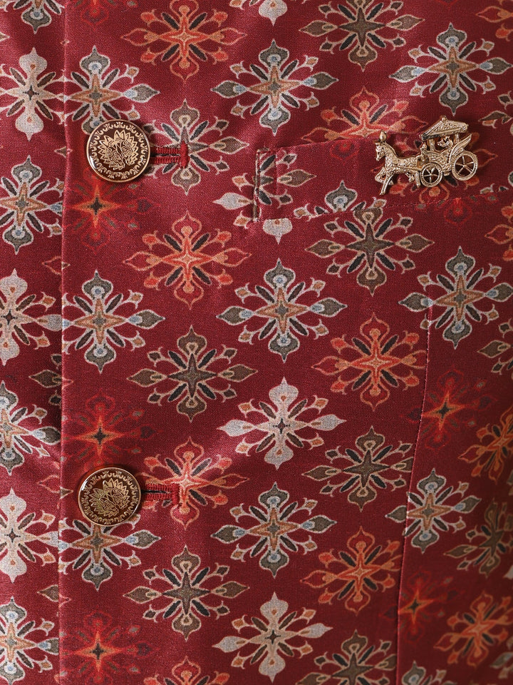 Ethnic Motifs Jacket Kurta Set | Festive Silk Blend Stand Collar Design