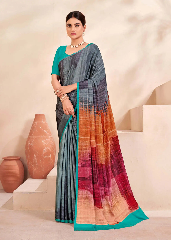 Gray Soft Crape Silk Saree with Abstract Digital Print