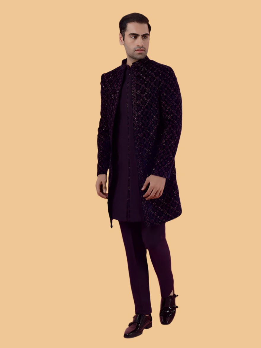 Elegant purple velvet Indo Western for sangeet, with mandarin collar
