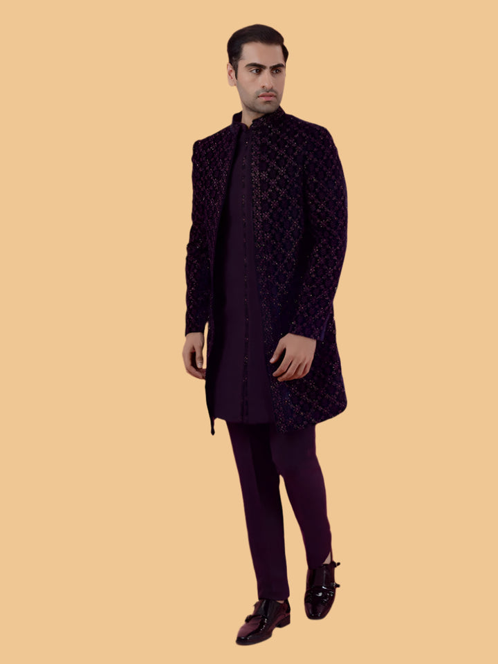 Elegant purple velvet Indo Western for sangeet, with mandarin collar