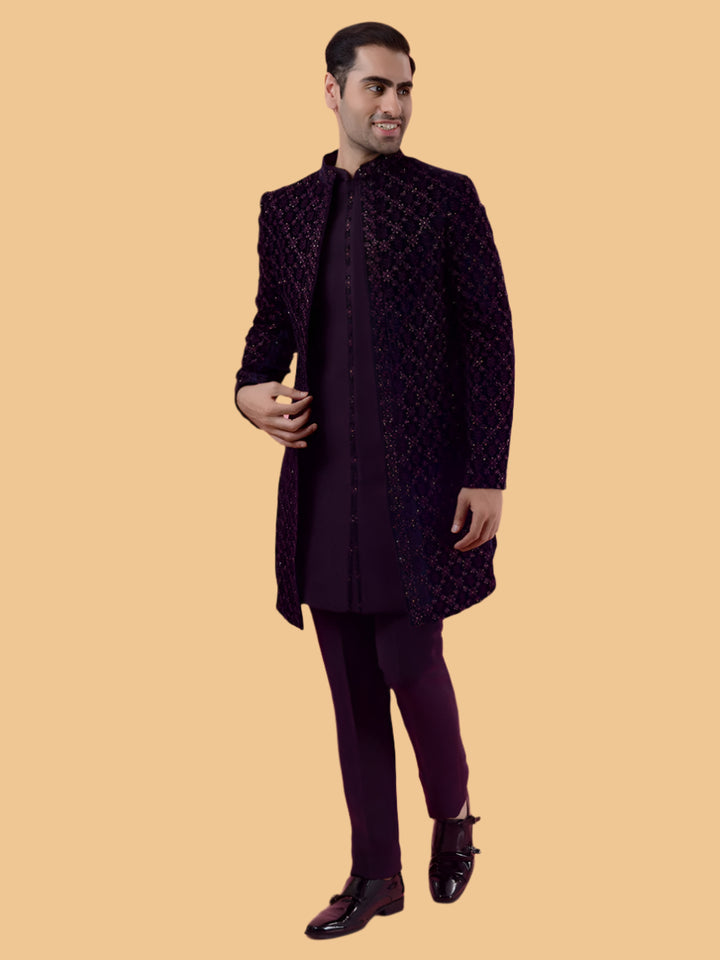 Full sleeve purple Indo Western, embroidered with sequins and resham