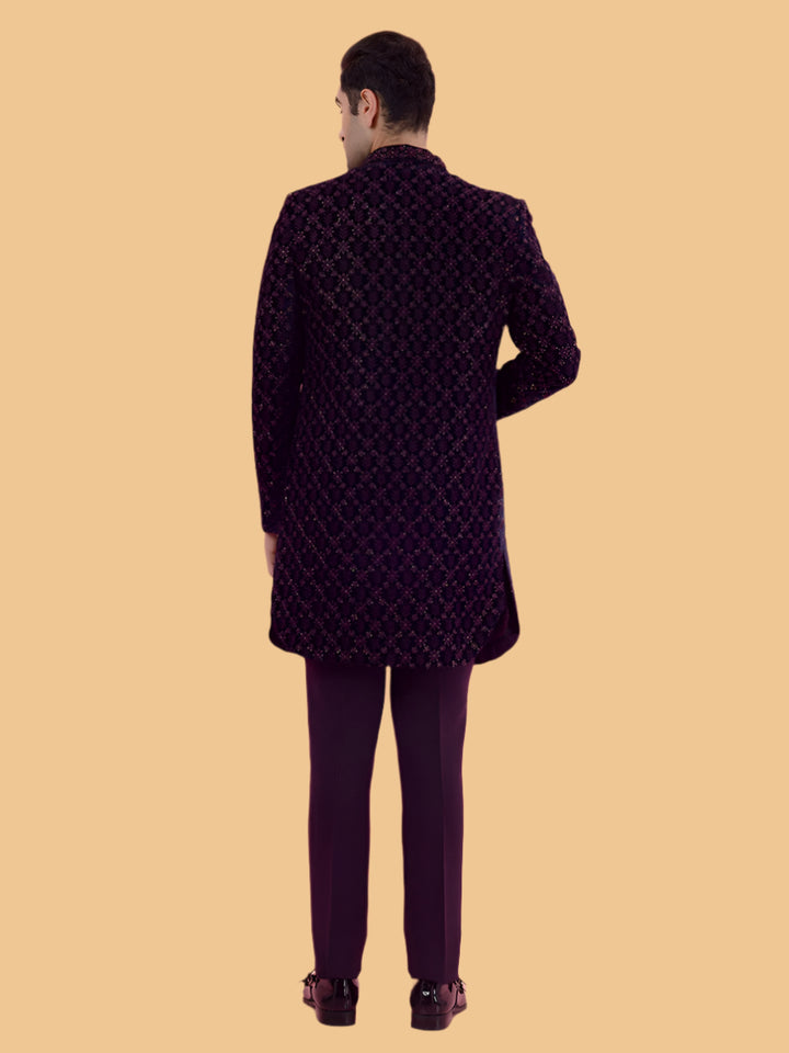 Men's purple velvet Indo Western kurta, ideal for festive sangeet wear