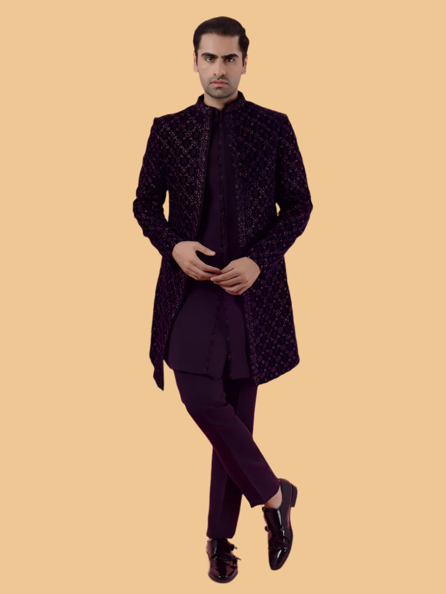 Regular fit purple Indo Western kurta, sequins and resham machine work