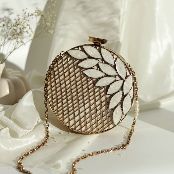 Jannat Brass Work Mother of Pearl Clutch | Elegant Artisan Design