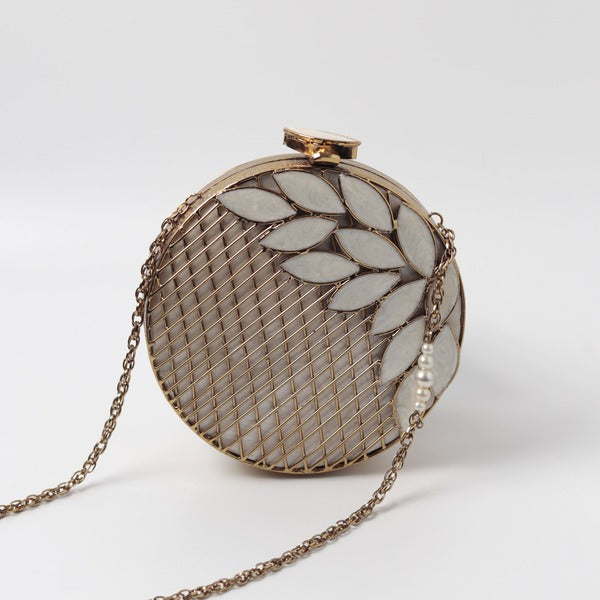 Jannat Brass Work Mother of Pearl Clutch | Elegant Artisan Design