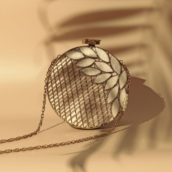 Jannat Brass Work Mother of Pearl Clutch | Elegant Artisan Design