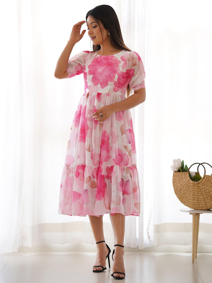 Off-White Floral Organza Frock Dress | Timeless Elegance & Contemporary Style