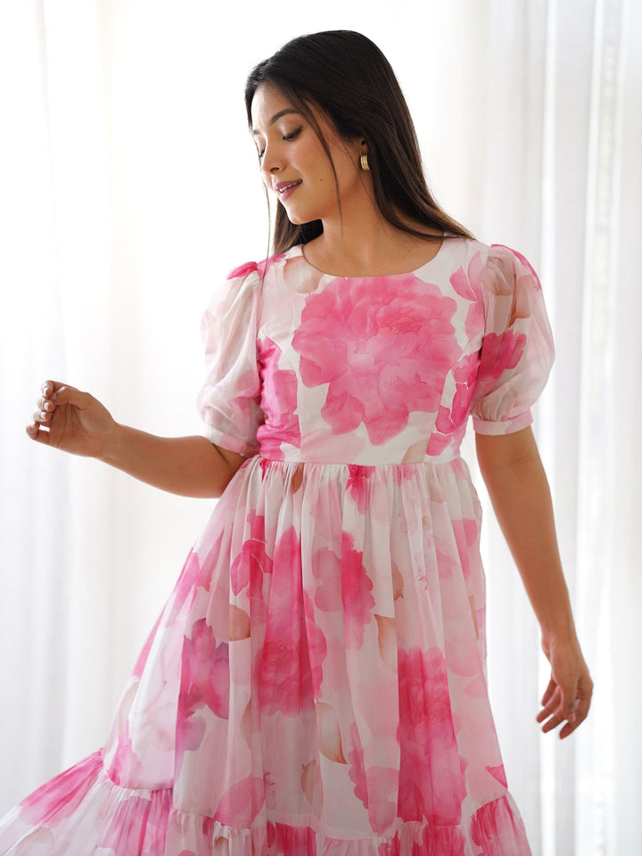 Off-White Floral Organza Frock Dress | Timeless Elegance & Contemporary Style