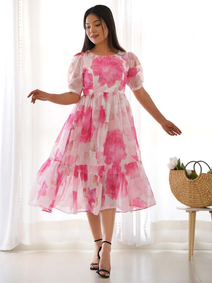 Off-White Floral Organza Frock Dress | Timeless Elegance & Contemporary Style
