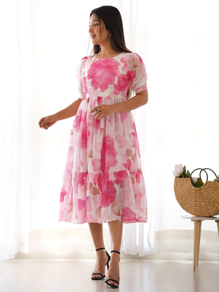 Off-White Floral Organza Frock Dress | Timeless Elegance & Contemporary Style