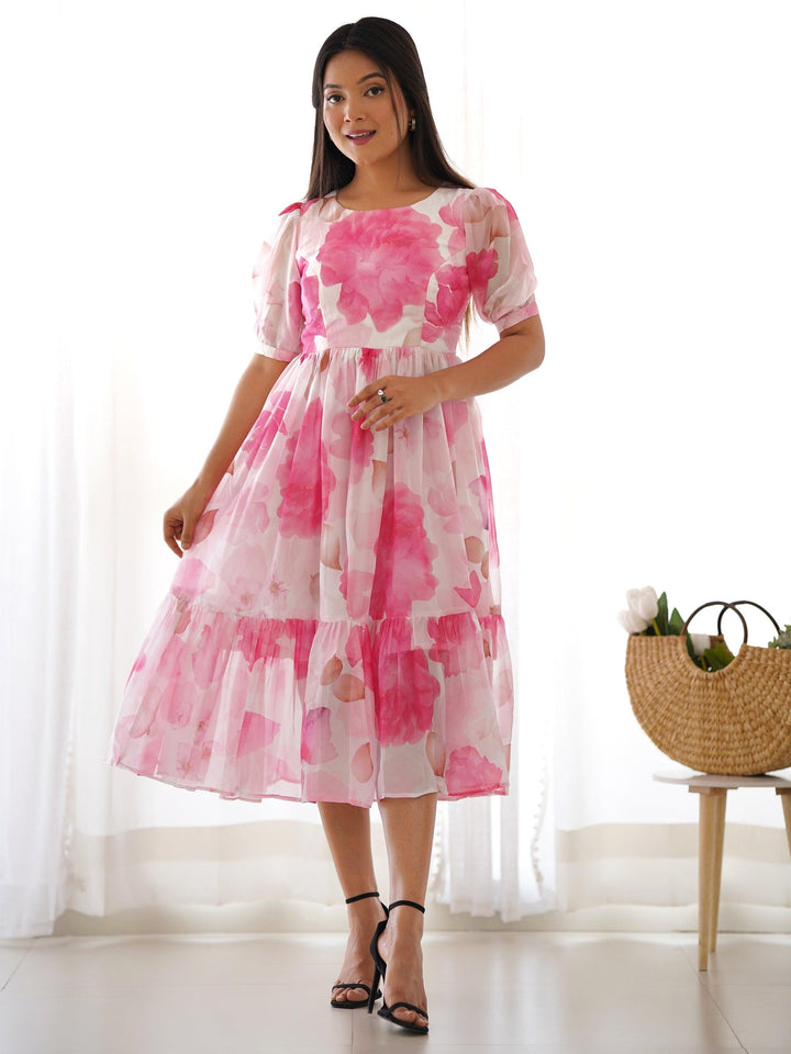 Off-White Floral Organza Frock Dress | Timeless Elegance & Contemporary Style