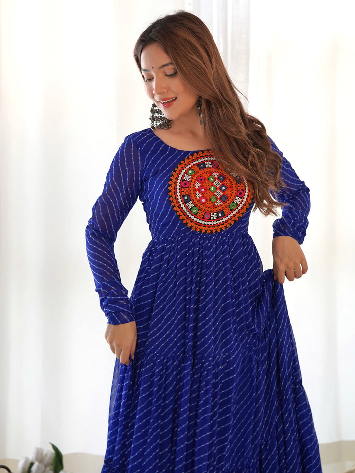 Beautiful Blue Laheriya Printed Georgette Navratri Wear Gown