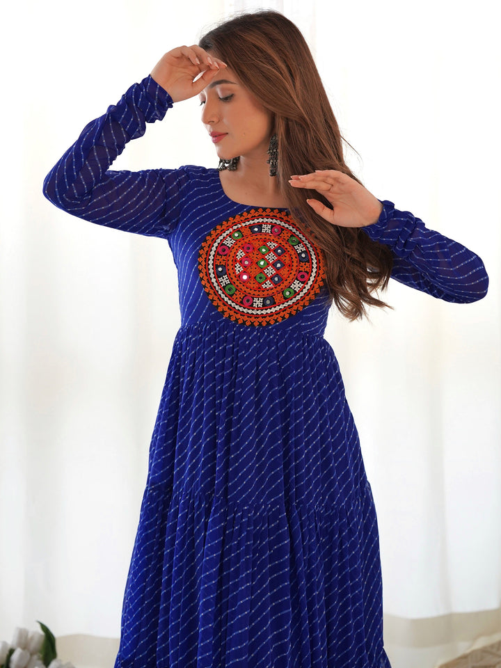 Beautiful Blue Laheriya Printed Georgette Navratri Wear Gown