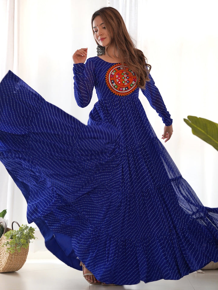 Beautiful Blue Laheriya Printed Georgette Navratri Wear Gown