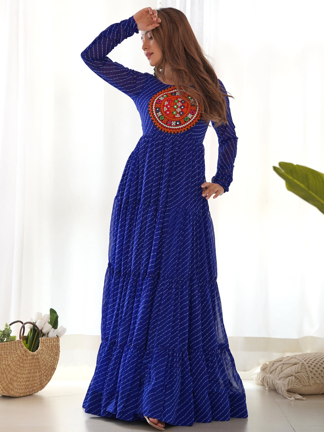 Beautiful Blue Laheriya Printed Georgette Navratri Wear Gown
