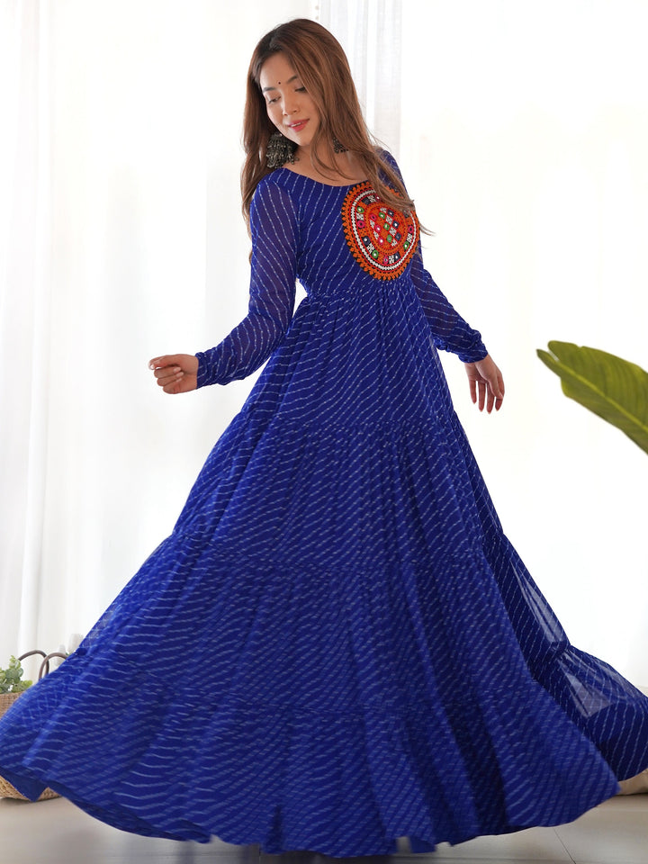 Beautiful Blue Laheriya Printed Georgette Navratri Wear Gown