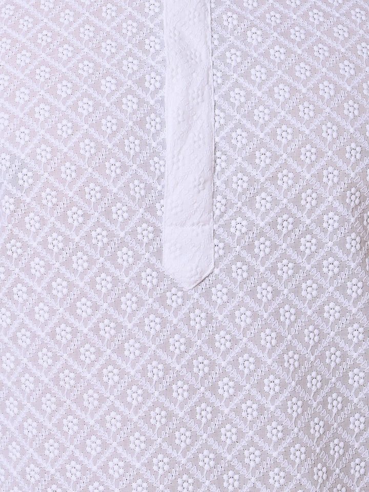Chikan White Kurta Set | Cotton Blend Full Sleeves Stand Collar Kurtas