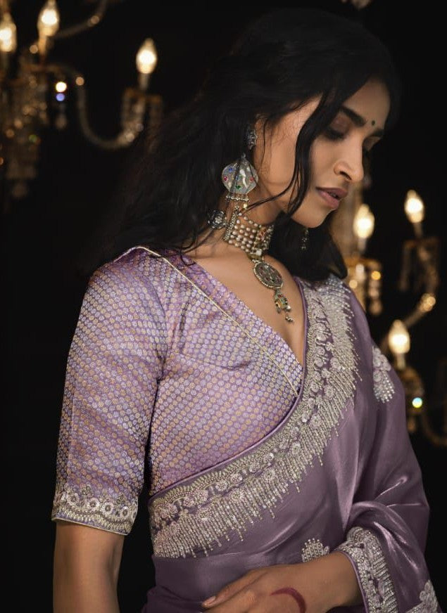 Luxurious Glass Tissue Saree | Embroidery & Sequins Sari Indian Saree