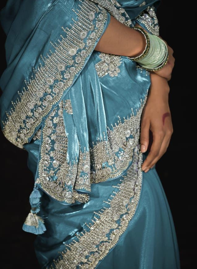Luxurious Glass Tissue Saree | Embroidery & Sequins Sari Indian Saree