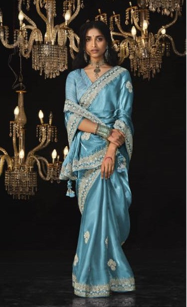 Luxurious Glass Tissue Saree | Embroidery & Sequins Sari Indian Saree