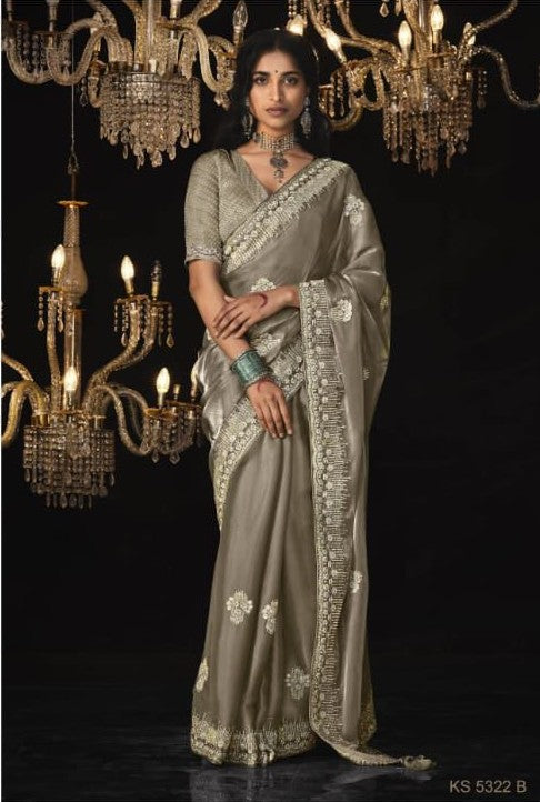 Luxurious Glass Tissue Saree | Embroidery & Sequins Sari Indian Saree