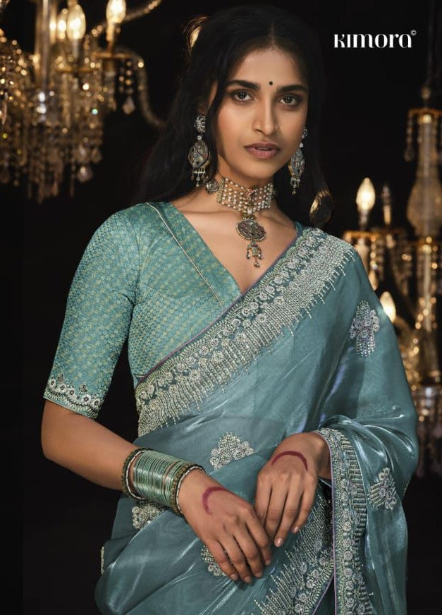 Luxurious Glass Tissue Saree | Embroidery & Sequins Sari Indian Saree