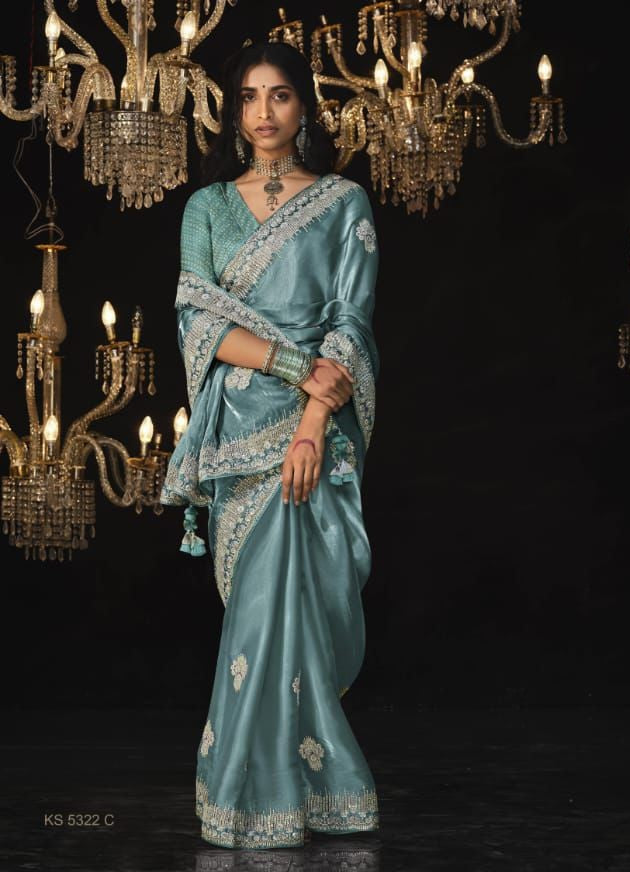 Luxurious Glass Tissue Saree | Embroidery & Sequins Sari Indian Saree
