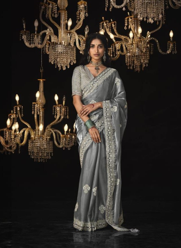 Luxurious Glass Tissue Saree | Embroidery & Sequins Sari Indian Saree