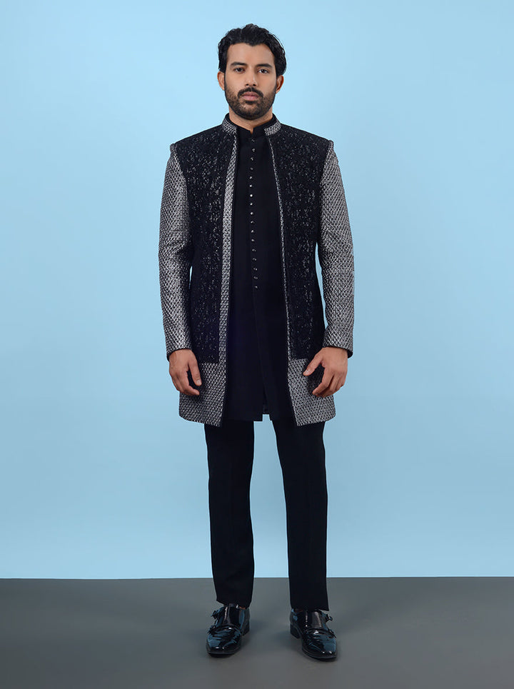Stylish black & silver Indowestern, full-sleeve ethnic wear for men