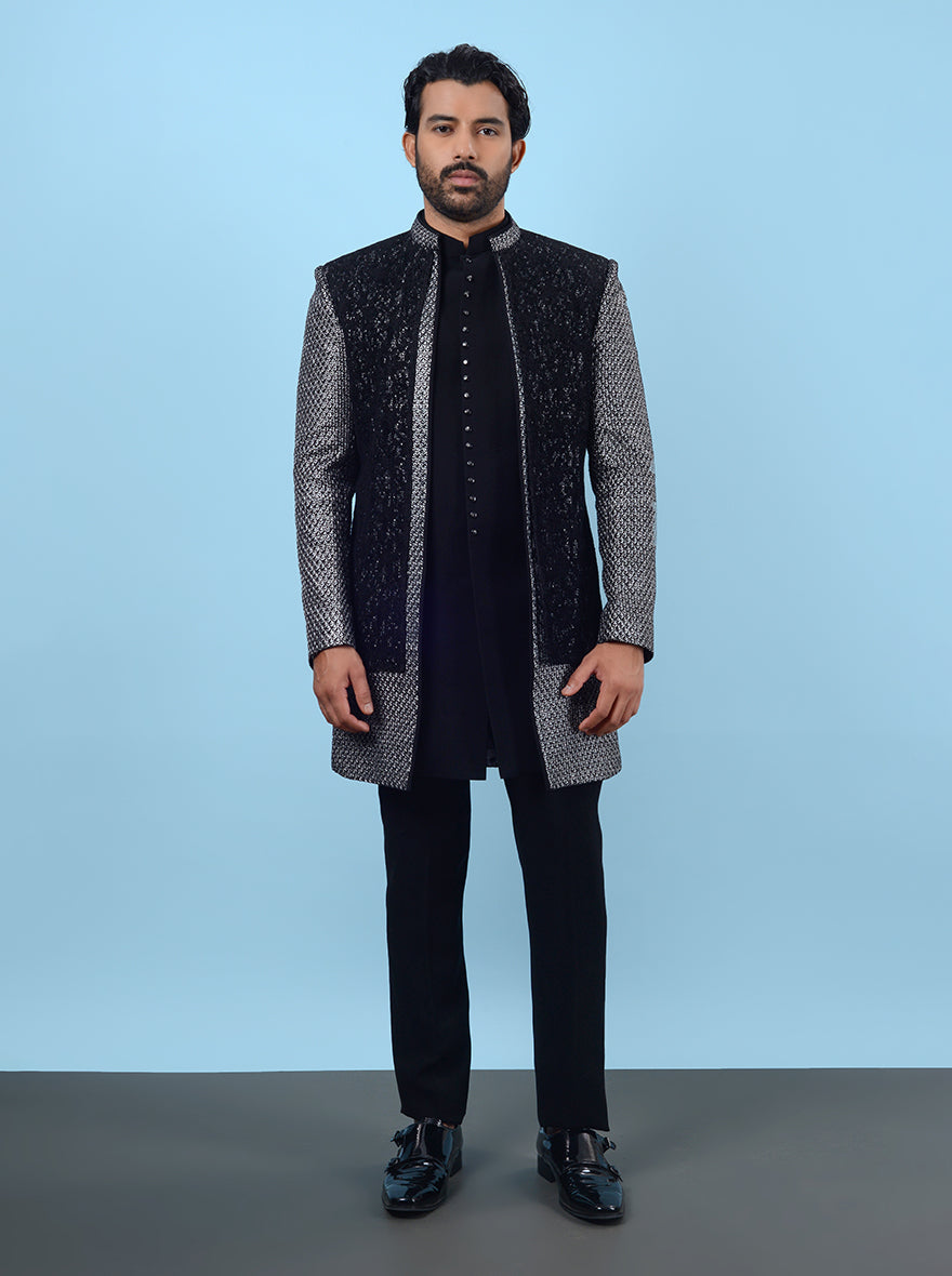 Stylish black & silver Indowestern, full-sleeve ethnic wear for men