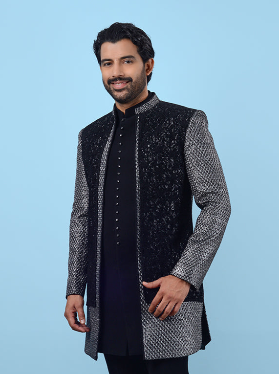 Black & Silver Silk Blend Indowestern | Regular Fit & Full Sleeve